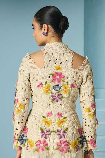 Buy_Chandrima_Ivory Chanderi Embroidery, Beads, Cut Work, Fringe Beadwork Cutout Jacket _Online_at_Aza_Fashions