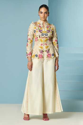 Shop_Chandrima_Ivory Chanderi Embroidery, Beads, Cut Work, Fringe Beadwork Cutout Jacket _Online_at_Aza_Fashions