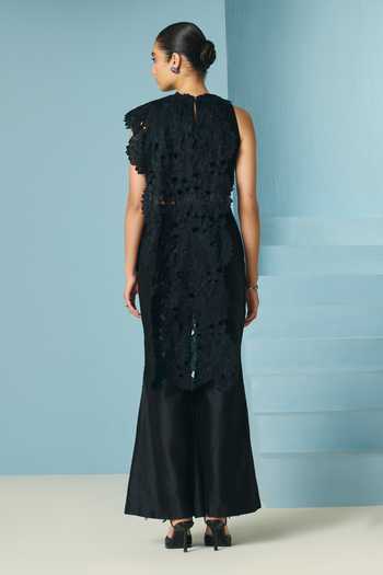 Shop_Chandrima_Black Chanderi, Silk Organza Cut Work Asymmetric Pleated Draped Top _at_Aza_Fashions