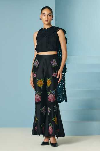Chandrima_Black Chanderi, Silk Organza Cut Work Asymmetric Pleated Draped Top _Online_at_Aza_Fashions