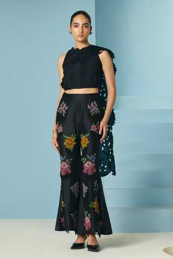 Buy_Chandrima_Black Chanderi Beads, Fringe Floral And Beadwork Palazzo _at_Aza_Fashions