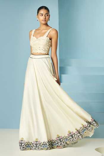 Chandrima_Ivory Chanderi Cut Work Contrast Lehenga _Online_at_Aza_Fashions