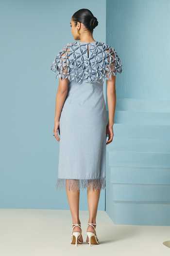 Shop_Chandrima_Sky Blue Cotton, Twill Beads, Fringe, Fabric Powder Floral Beadwork Cape Dress _at_Aza_Fashions