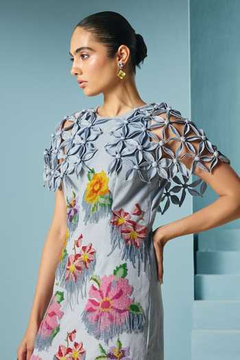 Chandrima_Sky Blue Cotton, Twill Beads, Fringe, Fabric Powder Floral Beadwork Cape Dress _Online_at_Aza_Fashions