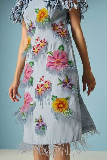 Buy_Chandrima_Sky Blue Cotton, Twill Beads, Fringe, Fabric Powder Floral Beadwork Cape Dress _Online_at_Aza_Fashions