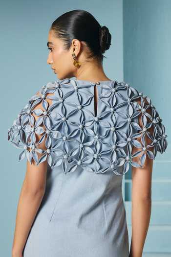 Shop_Chandrima_Sky Blue Cotton, Twill Beads, Fringe, Fabric Powder Floral Beadwork Cape Dress _Online_at_Aza_Fashions