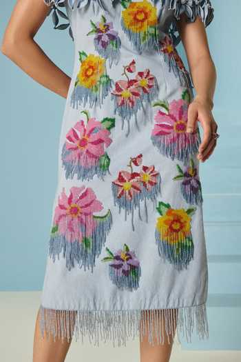 Chandrima_Sky Blue Cotton, Twill Beads, Fringe, Fabric Powder Floral Beadwork Cape Dress _at_Aza_Fashions