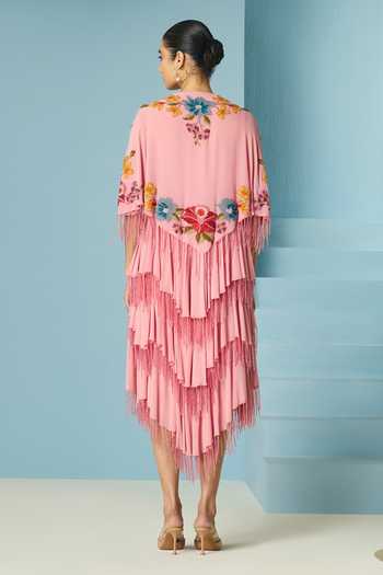 Shop_Chandrima_Pink Silk, Georgette Embroidery, Beads, Fringe Floral Beadwork Tiered Dress _at_Aza_Fashions