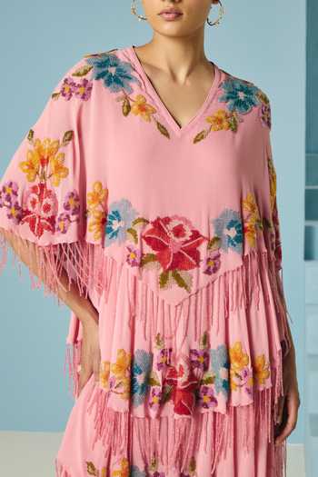 Buy_Chandrima_Pink Silk, Georgette Embroidery, Beads, Fringe Floral Beadwork Tiered Dress _Online_at_Aza_Fashions