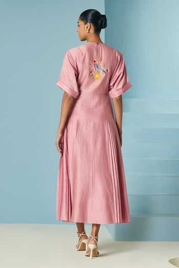 Shop_Chandrima_Pink Chanderi Embroidery, Beads High Neck Floral Pleated Midi Dress _at_Aza_Fashions