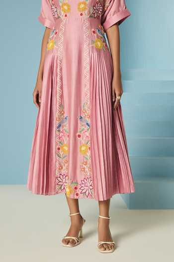Chandrima_Pink Chanderi Embroidery, Beads High Neck Floral Pleated Midi Dress _Online_at_Aza_Fashions