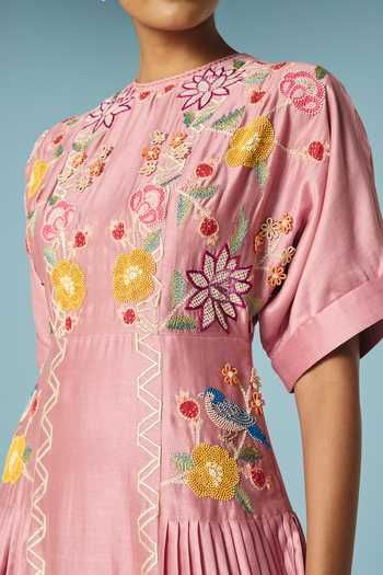 Buy_Chandrima_Pink Chanderi Embroidery, Beads High Neck Floral Pleated Midi Dress _Online_at_Aza_Fashions