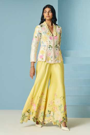 Buy_Chandrima_Ivory Chanderi Embroidery, Beads, Applique V-neck Floral Jacket _Online_at_Aza_Fashions