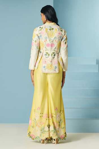 Shop_Chandrima_Ivory Chanderi Embroidery, Beads, Applique V-neck Floral Jacket _Online_at_Aza_Fashions