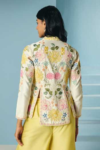 Shop_Chandrima_Ivory Chanderi Embroidery, Beads, Applique V-neck Floral Jacket _at_Aza_Fashions