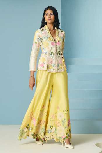Buy_Chandrima_Yellow Chanderi Embroidery, Beads, Applique Butter Sharara _at_Aza_Fashions