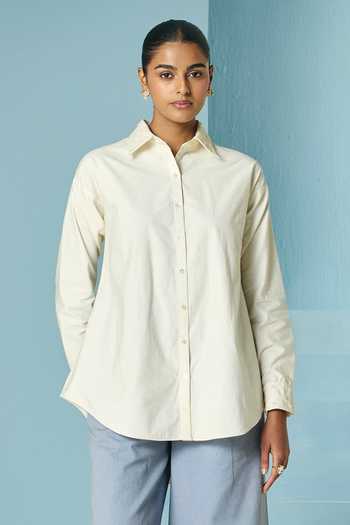 Buy_Chandrima_Ivory Poplin Beads Collared Embroidered Shirt _at_Aza_Fashions