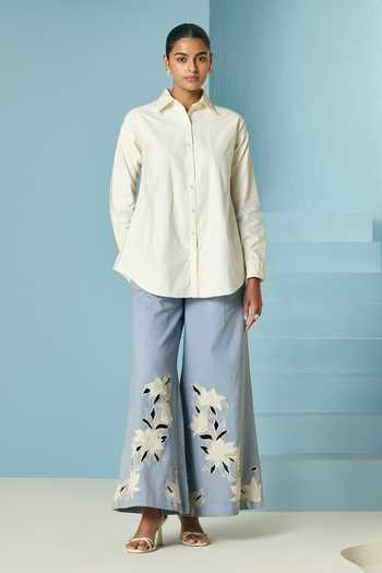 Chandrima_Ivory Poplin Beads Collared Embroidered Shirt _Online_at_Aza_Fashions