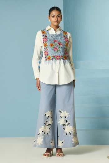 Buy_Chandrima_Ivory Poplin Beads Collared Embroidered Shirt _Online_at_Aza_Fashions