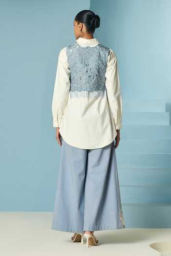 Shop_Chandrima_Ivory Poplin Beads Collared Embroidered Shirt _at_Aza_Fashions