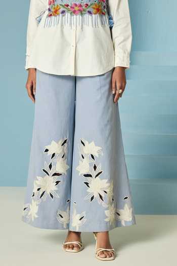 Chandrima_Blue Cotton, Twill Beads, Applique Embroidered Flared Pant _Online_at_Aza_Fashions
