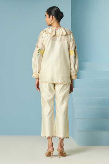 Shop_Chandrima_Ivory Chanderi Embroidery, Beads, Applique Round Neck Floral Shirt _at_Aza_Fashions