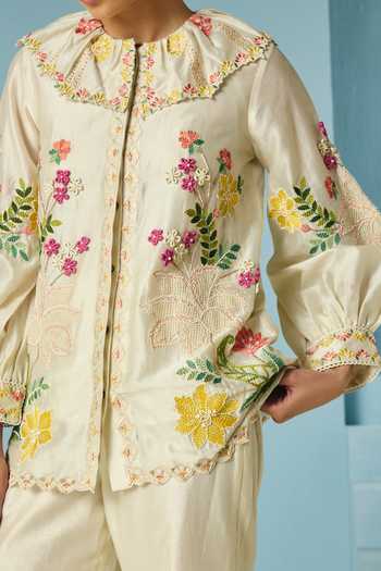 Buy_Chandrima_Ivory Chanderi Embroidery, Beads, Applique Round Neck Floral Shirt _Online_at_Aza_Fashions