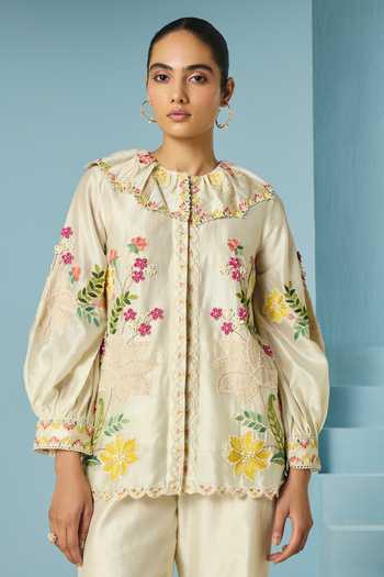 Buy_Chandrima_Ivory Chanderi Embroidery, Beads, Applique Round Neck Floral Shirt _at_Aza_Fashions