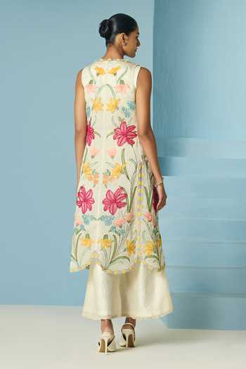 Shop_Chandrima_Ivory Silk Organza Beads, Applique Open Neck Floral Long Jacket _at_Aza_Fashions