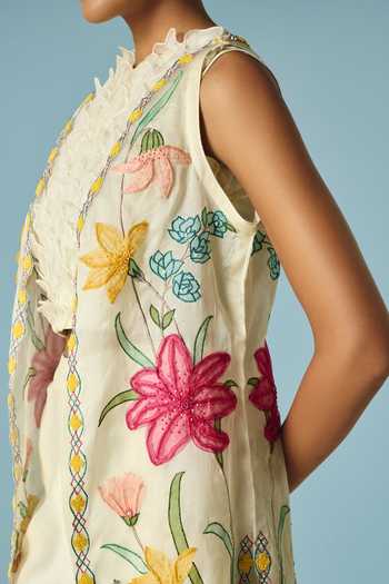 Buy_Chandrima_Ivory Silk Organza Beads, Applique Open Neck Floral Long Jacket _Online_at_Aza_Fashions