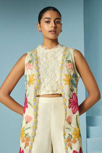 Shop_Chandrima_Ivory Chanderi Applique High Neck 3d Scallop Crop Top _at_Aza_Fashions
