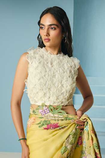 Buy_Chandrima_Ivory Chanderi Applique High Neck 3d Scallop Crop Top _at_Aza_Fashions