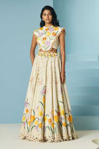 Buy_Chandrima_Ivory Chanderi Embroidery, Beads, Cut Work Tulip Lehenga _at_Aza_Fashions