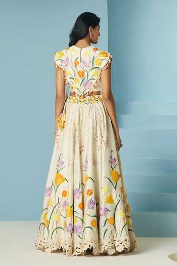 Shop_Chandrima_Ivory Chanderi Embroidery, Beads, Cut Work Tulip Lehenga _at_Aza_Fashions