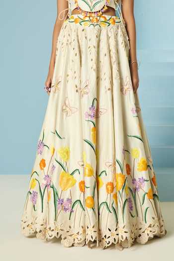 Chandrima_Ivory Chanderi Embroidery, Beads, Cut Work Tulip Lehenga _Online_at_Aza_Fashions