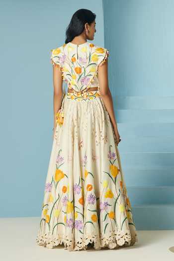 Shop_Chandrima_Ivory Chanderi High Neck Tulip Embroidered Cape With Bustier _at_Aza_Fashions