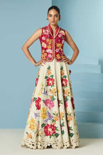Buy_Chandrima_Ivory Chanderi Embroidery, Beads, Cut Work, Applique Floral Lehenga _at_Aza_Fashions