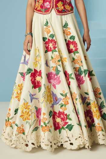 Chandrima_Ivory Chanderi Embroidery, Beads, Cut Work, Applique Floral Lehenga _Online_at_Aza_Fashions