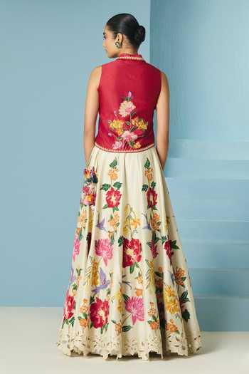 Shop_Chandrima_Red Chanderi Embroidery, Beads, Applique Shawl Neck Floral Waistcoat _at_Aza_Fashions