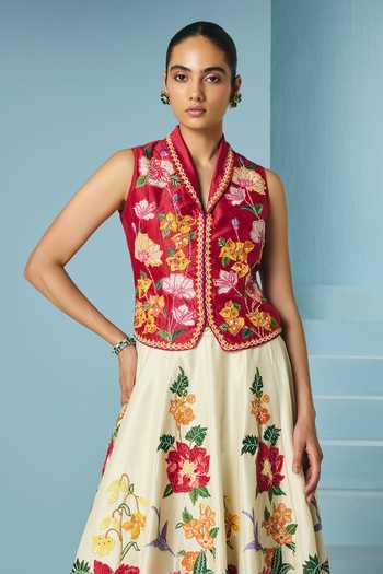 Buy_Chandrima_Red Chanderi Embroidery, Beads, Applique Shawl Neck Floral Waistcoat _at_Aza_Fashions