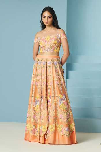Buy_Chandrima_Orange Chanderi Embroidery, Beads Contrast Cordwork Lehenga _at_Aza_Fashions