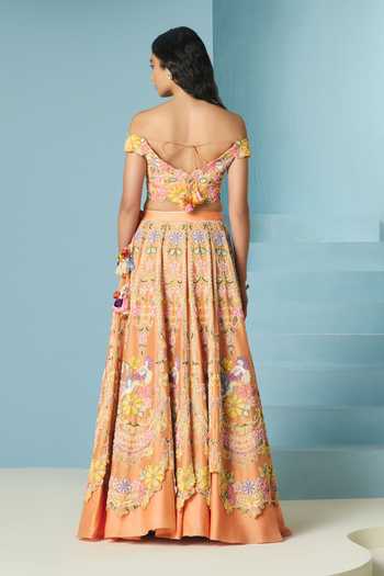 Shop_Chandrima_Orange Chanderi Embroidery, Beads Contrast Cordwork Lehenga _at_Aza_Fashions