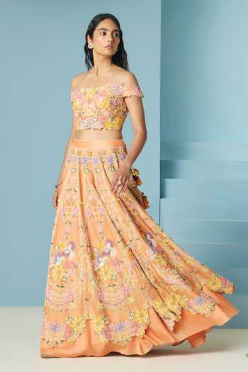 Chandrima_Orange Chanderi Embroidery, Beads Contrast Cordwork Lehenga _Online_at_Aza_Fashions
