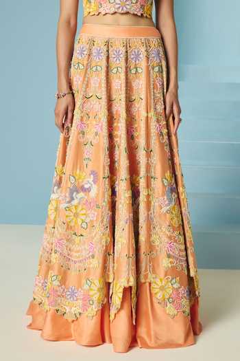 Buy_Chandrima_Orange Chanderi Embroidery, Beads Contrast Cordwork Lehenga _Online_at_Aza_Fashions