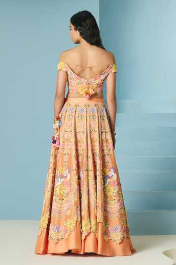 Shop_Chandrima_Orange Chanderi Embroidery, Beads Off-shoulder Contrast Cordwork Bustier _at_Aza_Fashions