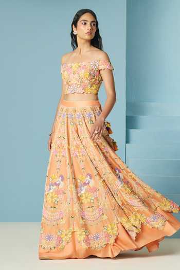 Chandrima_Orange Chanderi Embroidery, Beads Off-shoulder Contrast Cordwork Bustier _Online_at_Aza_Fashions