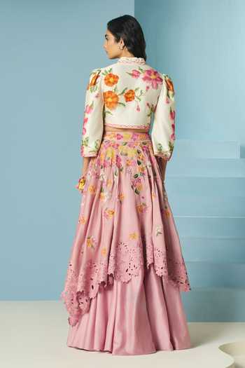 Shop_Chandrima_Pink Chanderi Beads, Cut Work, Applique Blush Bougainvillea Layered Lehenga _at_Aza_Fashions