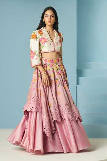 Buy_Chandrima_Pink Chanderi Beads, Cut Work, Applique Blush Bougainvillea Layered Lehenga _at_Aza_Fashions
