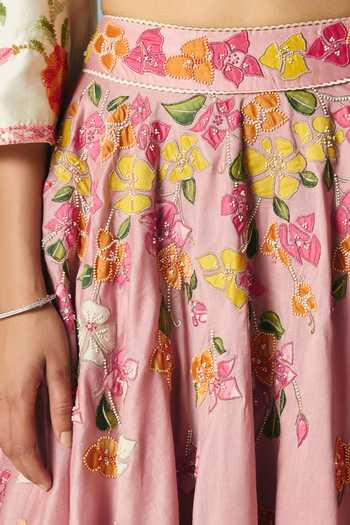 Chandrima_Pink Chanderi Beads, Cut Work, Applique Blush Bougainvillea Layered Lehenga _Online_at_Aza_Fashions