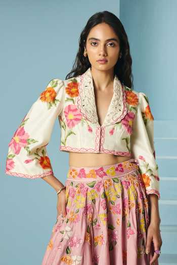 Buy_Chandrima_Ivory Chanderi Beads, Fringe Shawl Neck Beadwork Bolero Jacket _at_Aza_Fashions